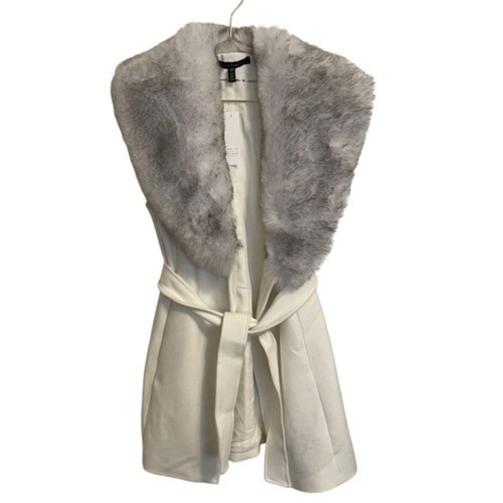 White House Black Market Faux Fur Collar Belted Vest Winter White Grey New